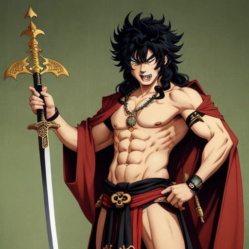  Fudo Myoo wears a vestment with his chest bare and the lower half of his body covered by a vestment, has long hair with a curly permed head, holds a long, long sword in his right hand and a five-colored cord in his left hand, and has fangs coming out of his mouth with an angry expression on his face. He is cool. Male Retro