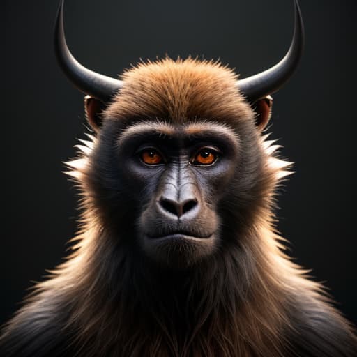  A brown monkey having Horns, 4k realistic hyperrealistic, full body, detailed clothing, highly detailed, cinematic lighting, stunningly beautiful, intricate, sharp focus, f/1. 8, 85mm, (centered image composition), (professionally color graded), ((bright soft diffused light)), volumetric fog, trending on instagram, trending on tumblr, HDR 4K, 8K