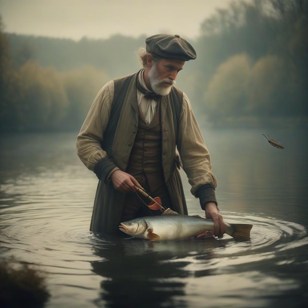  cinematic film still rococo, oil, canvas, high quality image, fisherman catching fish . shallow depth of field, vignette, highly detailed, high budget, bokeh, cinemascope, moody, epic, gorgeous, film grain, grainy