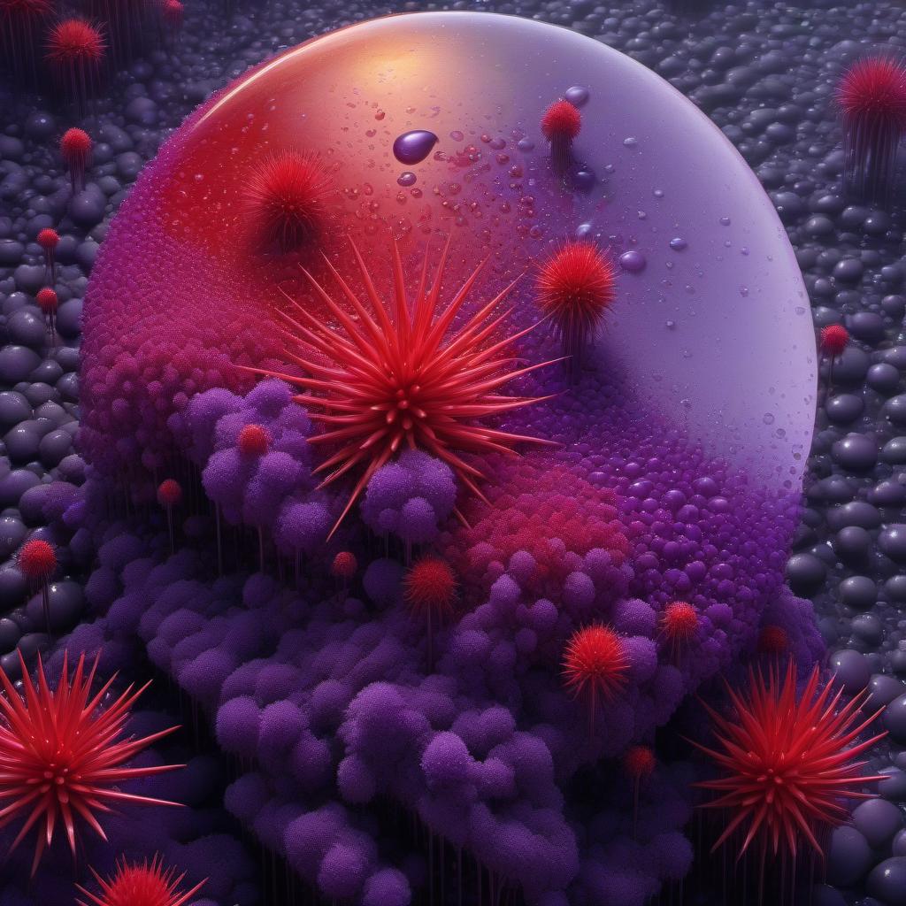  A man is standing in the middle of the picture, there is a heavy rain of small drops of purple color. A river of crimson liquid with small frequent circles from falling drops of crimson rain on the surface of the water. The river flows down through the ground through sharp, long and thin spikes in large numbers sticking out of the ground. Tiny razor blades are flying in the air in random directions. high details. many details. hyperrealistic, full body, detailed clothing, highly detailed, cinematic lighting, stunningly beautiful, intricate, sharp focus, f/1. 8, 85mm, (centered image composition), (professionally color graded), ((bright soft diffused light)), volumetric fog, trending on instagram, trending on tumblr, HDR 4K, 8K