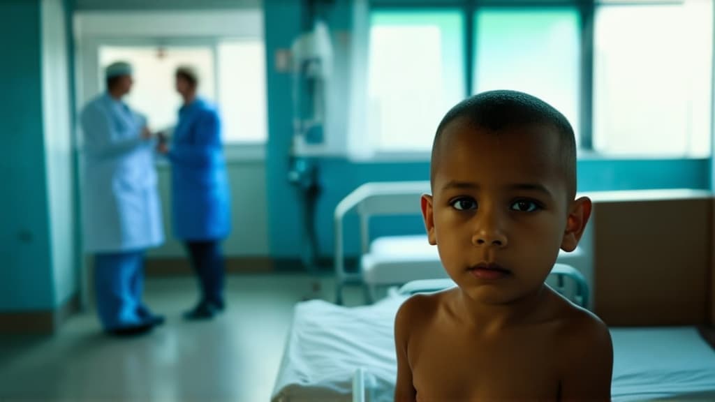  cinematic film style, a little boy without hair, in a hospital ward. in the background, doctors are blurred. ar 16:9, shallow depth of field, vignette, maximum details, high budget hollywood movie, bokeh, cinemascope, moody, epic, gorgeous, sun rays and shadows on furniture and surfaces, flattering light, raw photo, photography, photorealistic, 8k resolution, f1.4, sharpened focus, sharp focus