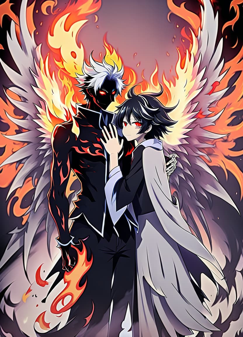  anime artwork make him a demon with wings and in his right hand he has a black and white flame. there's hell behind him. he hugs his mother . anime style, key visual, vibrant, studio anime, highly detailed