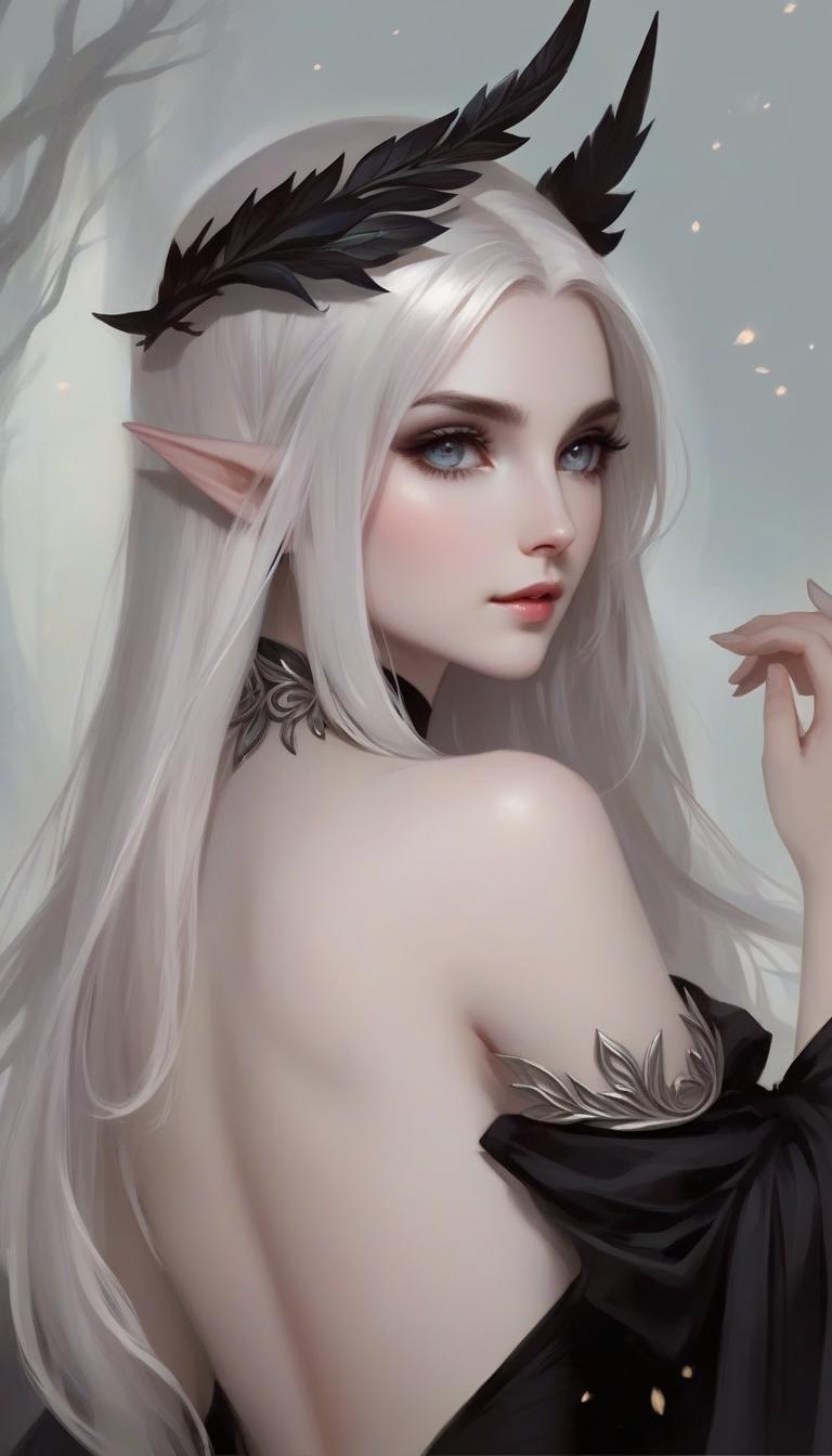  ethereal fantasy concept art of portrait, pale elven female, white hair and eyes, with black fethered wreath, standing with her back in a half turn. . magnificent, celestial, ethereal, painterly, epic, majestic, magical, fantasy art, cover art, dreamy, perfect hands