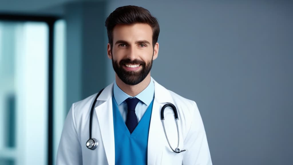  Young male doctor on a plain background ar 16:9 high quality, detailed intricate insanely detailed, flattering light, RAW photo, photography, photorealistic, ultra detailed, depth of field, 8k resolution , detailed background, f1.4, sharpened focus