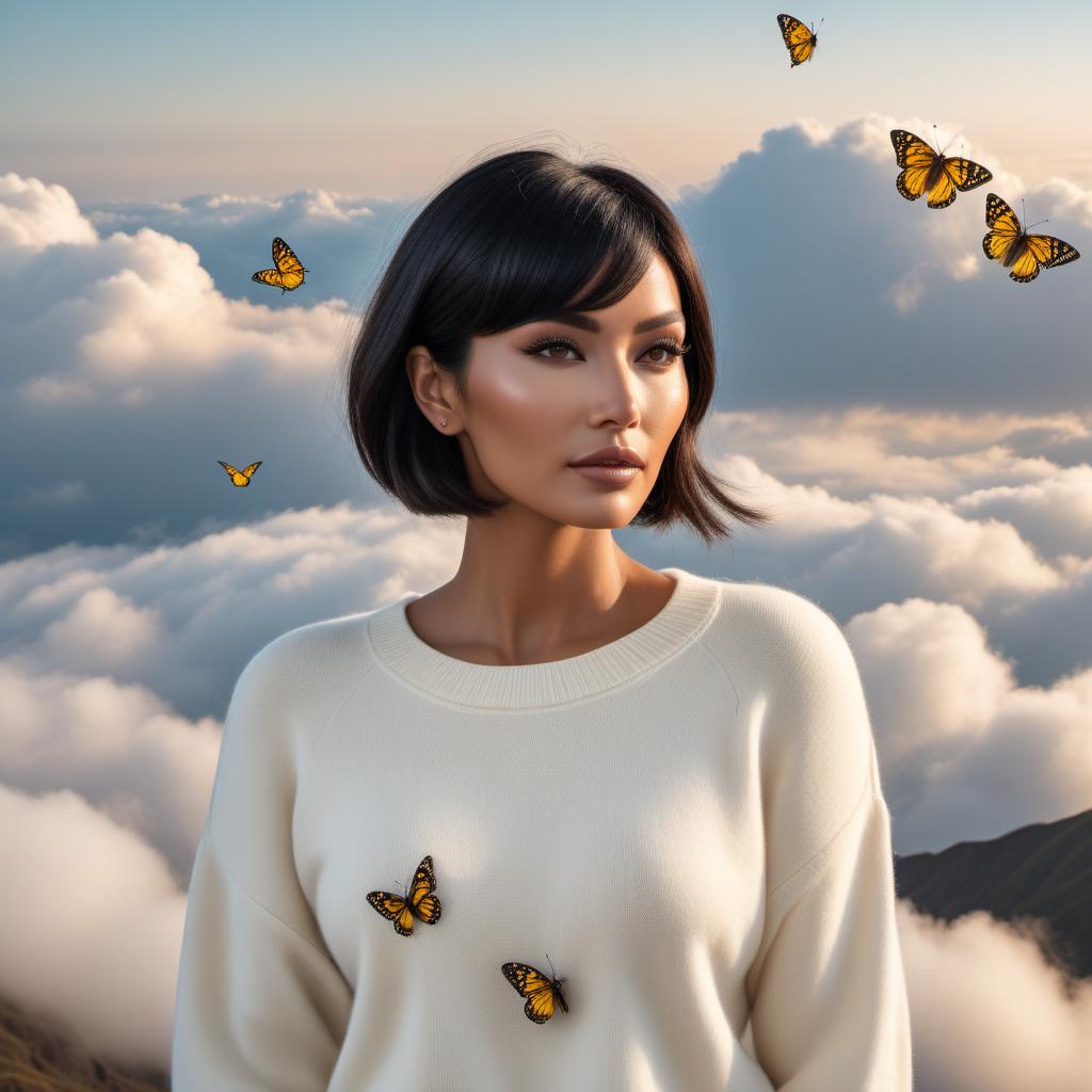  A modern Peruvian lady in heaven amongst clouds at sunset, wearing an off-white soft cashmere-like sweater and with a short bob haircut. Her hair is black with a white strip of hair in the front near the forehead centered. A lot of Eurema Lisa butterflies, small and soft yellow with no black, are flying past her. The scene should be dreamy and angelic. hyperrealistic, full body, detailed clothing, highly detailed, cinematic lighting, stunningly beautiful, intricate, sharp focus, f/1. 8, 85mm, (centered image composition), (professionally color graded), ((bright soft diffused light)), volumetric fog, trending on instagram, trending on tumblr, HDR 4K, 8K