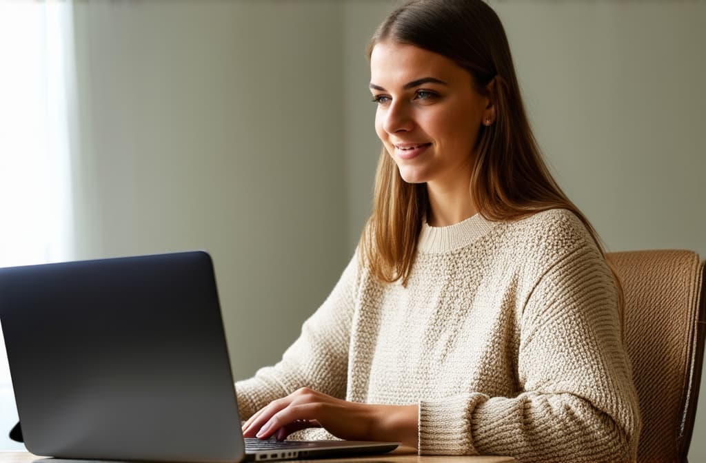  girl working on laptop, office style, stock photography ar 3:2, (natural skin texture), highly detailed face, depth of field, hyperrealism, soft light, muted colors