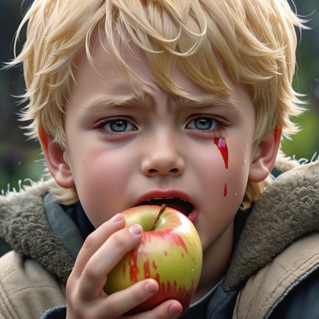  boy with blond hair crying tears of blood eating an apple photo realistic, highly intricate and detailed, masterpiece, ultra high res,photography,8k resolution