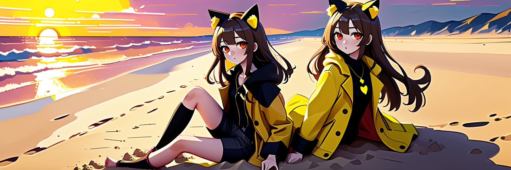  constructivist style an anime girl with cat ears sits on the sand on the beach. she has long dark brown hair, which flies slightly in the breeze. her face, with pronounced jewish and slavic features, radiates lively energy. brown eyes are full of deep emotions, as if reflecting the vast expanses of the ocean. she wears a bright yellow coat, which seems to shine, catching the eye and contrasting with the soft shades of the sunset. under her coat she wears a black shirt and black shorts are decorated with yellow elements, creating a stylish and dynamic look. a bright red sunset turns into night, and the bright red rays of the sun fall on the terrain and contrast with the night darkness. . geometric shapes, bold colors, dynamic composition, pr