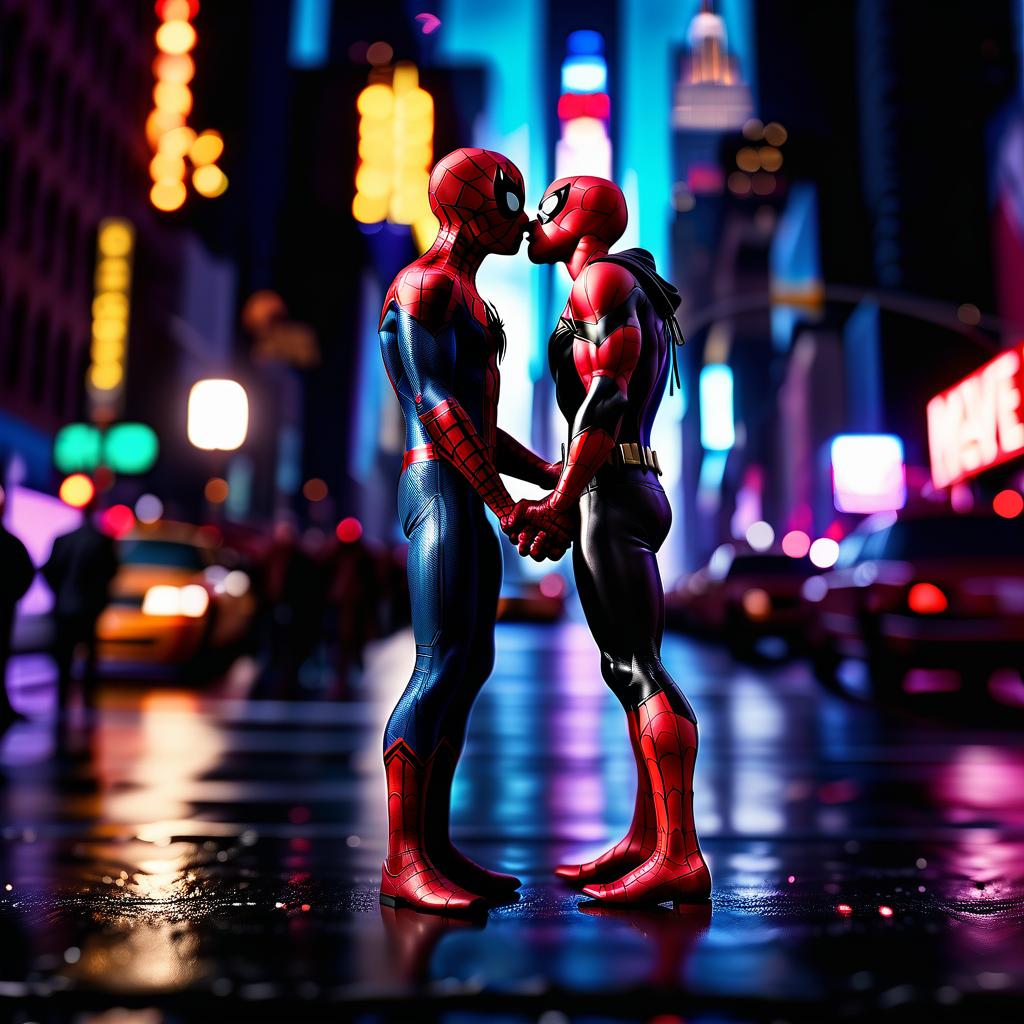  cinematic photo peter parker and wade wilson of marvel stand in front of a nightly new york and kiss holding hands . 35mm photograph, film, bokeh, professional, 4k, highly detailed