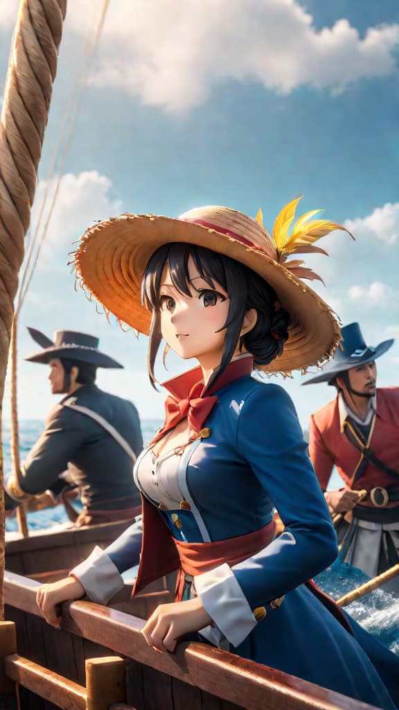  an anime image depicting the straw hats on a powerful warship, sparking curiosity and intrigue. hyperrealistic, full body, detailed clothing, highly detailed, cinematic lighting, stunningly beautiful, intricate, sharp focus, f/1. 8, 85mm, (centered image composition), (professionally color graded), ((bright soft diffused light)), volumetric fog, trending on instagram, trending on tumblr, HDR 4K, 8K