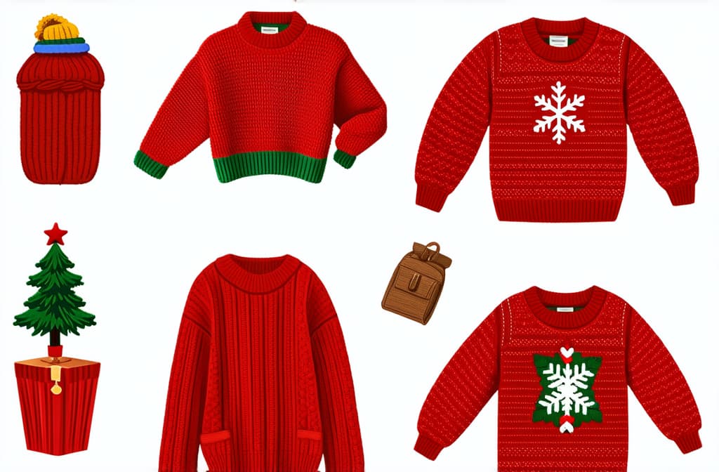  flat illustration, flaticon, (illustration:1.15), set of knitted christmas cozy sweaters ar 3:2, [cory loftis, strobist, pascal campion :: 0.2]