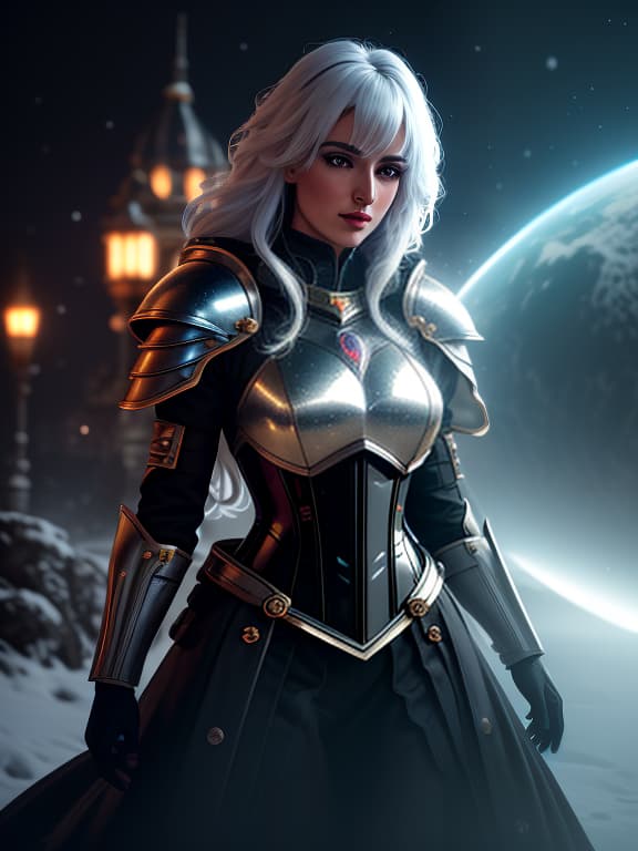  surrealistic image of a space theme, (planets, outer space, stars, twilight, detailed), 1 young , a knight, looking at the viewer, with long hair, snow white hair color, closed armor made of metal, leather corset, metal shoulder pads, made of thin metal plates, parted lips, her body is enveloped in an aura of warm neon luminescent soft light, (extremely detailed oil painting:1.2), glow effects, godrays, hand drawn, render, 8k, octane render, cinema 4d, blender, dark, atmospheric 4k ultra detailed, cinematic sensual, sharp focus, humorous ilration, big depth of field, masterpiece, colors, 3d octane render, 4k, concept art, trending on artstation, hyperrealistic, vivid colors, extremely detailed cg unity 8k wallpaper, tren hyperrealistic, full body, detailed clothing, highly detailed, cinematic lighting, stunningly beautiful, intricate, sharp focus, f/1. 8, 85mm, (centered image composition), (professionally color graded), ((bright soft diffused light)), volumetric fog, trending on instagram, trending on tumblr, HDR 4K, 8K