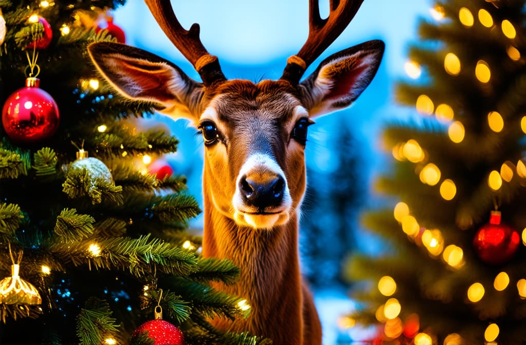  professional detailed photography, adorable curious reindeer with shiny antlers and red nose peers out from behind a festive decorated christmas tree with soft golden lighting ar 3:2, (muted colors, dim colors, soothing tones), (vsco:0.3)