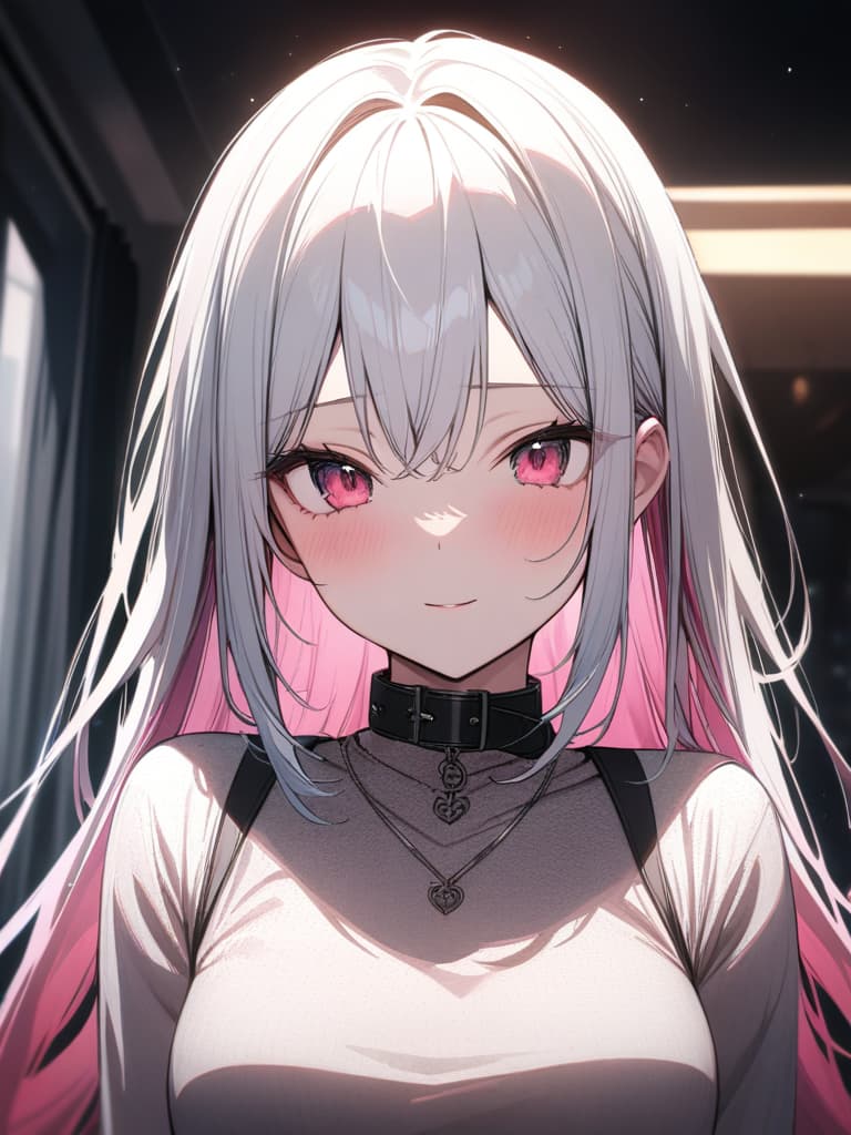  girls, white hair, pink, pink gradation hair color, cute face, pink eyes, straight hair, thin body, red polka dot dress, black collar, masterpiece, best quality,8k,ultra detailed,high resolution,an extremely delicate and beautiful,hyper detail