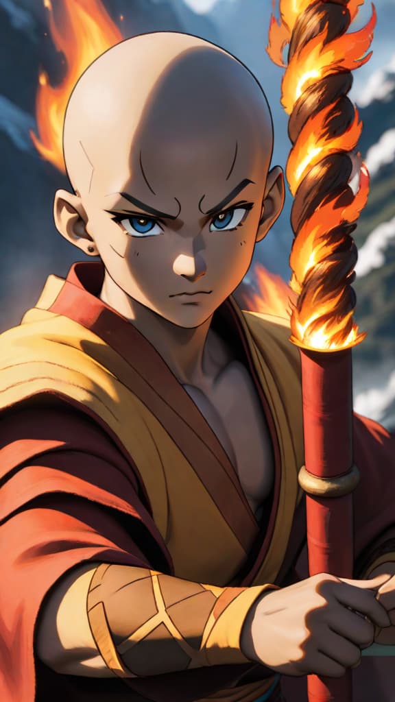  anime art: aang, mastering the avatar state, faces fire nation with power and wisdom. hyperrealistic, full body, detailed clothing, highly detailed, cinematic lighting, stunningly beautiful, intricate, sharp focus, f/1. 8, 85mm, (centered image composition), (professionally color graded), ((bright soft diffused light)), volumetric fog, trending on instagram, trending on tumblr, HDR 4K, 8K