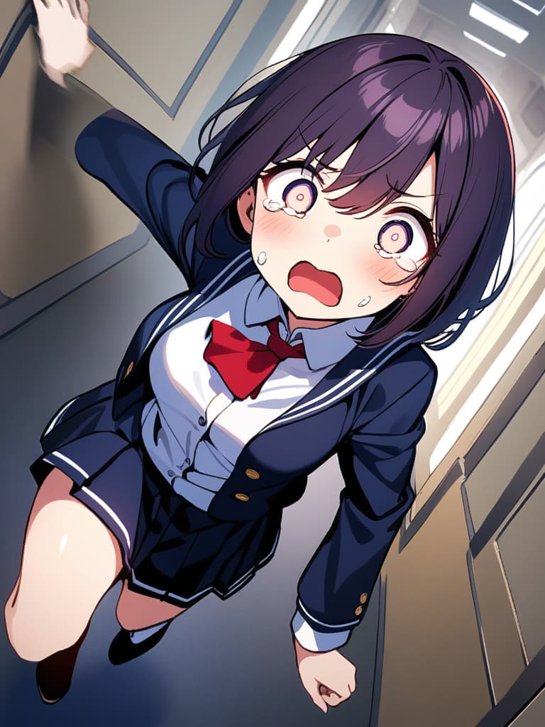  ultra detailed:1.2,masterpiece:1.2,best quality,masterpiece,bestquality,hdr:1.1,8k:1.1,very cute girl:1.3,(dark purple hair:1.3)(black school uniform,red ascot:1.4)((from front,full body:1.4))((running at school:1.6)),(scared,tears:1.3),(being chased by zombies:1.4)((school hallway:1.7))(from above,dutch angle:1.6)