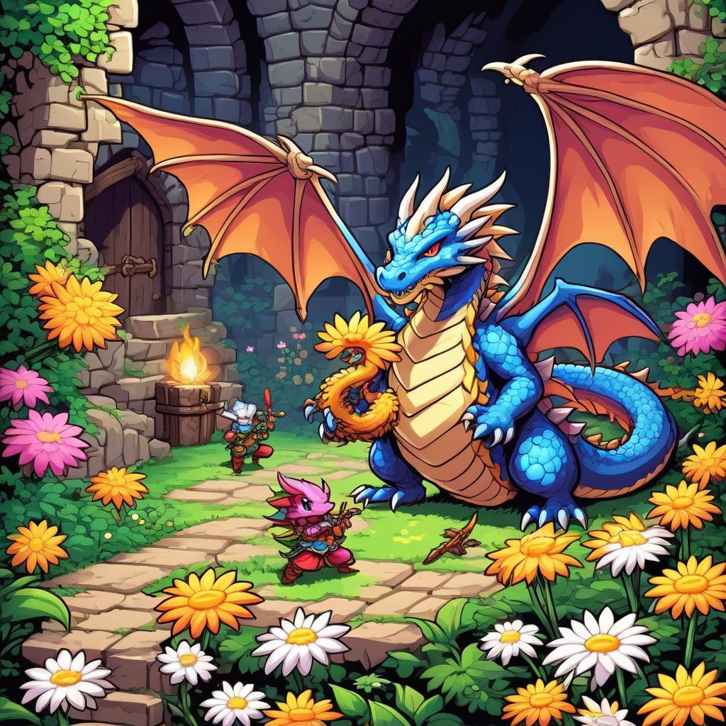  retro game art dungeon and dragons with daisies and dragons in the anime style . 16 bit, vibrant colors, pixelated, nostalgic, charming, fun