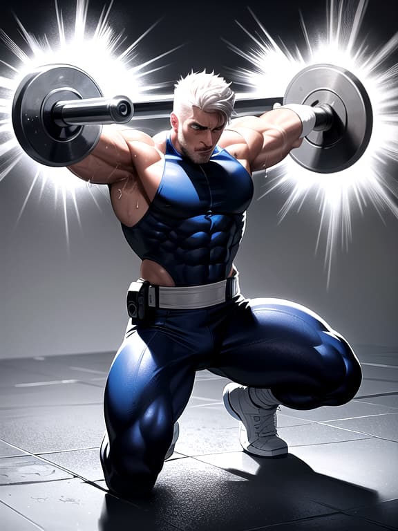  master piece, best quality, ultra detailed, highres, 4k.8k, muscular male with white hair and blue eyes., striking a strong pose., determined, break powerful physique and determination., training ground, dumbbells, training equipment, water bottle, sweat towel, break intense and focused, glistening sweat, dynamic lighting, cyberpunkai