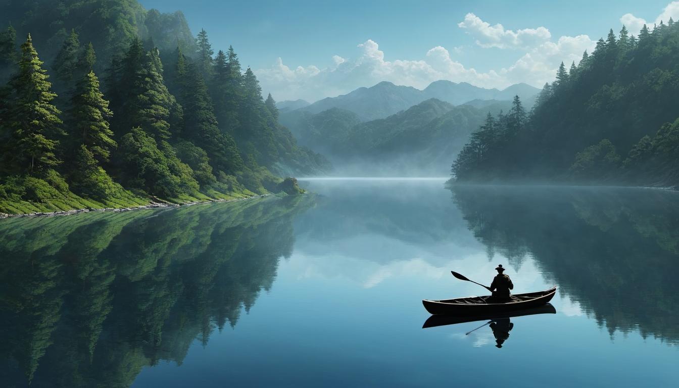  （surrealism)a reflection in a calm lake, showing a clear figure on the shore, water surface smooth, mirror like, introspective, serene mystic, intricate details, best quality)