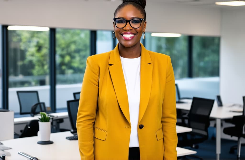  professional detailed photography, portrait of smiling businesswoman in mustard jacket and black glasses standing in open plan office. happy female professional executive manager, financial banking or marketing data. ar 3:2, (muted colors, dim colors, soothing tones), (vsco:0.3)