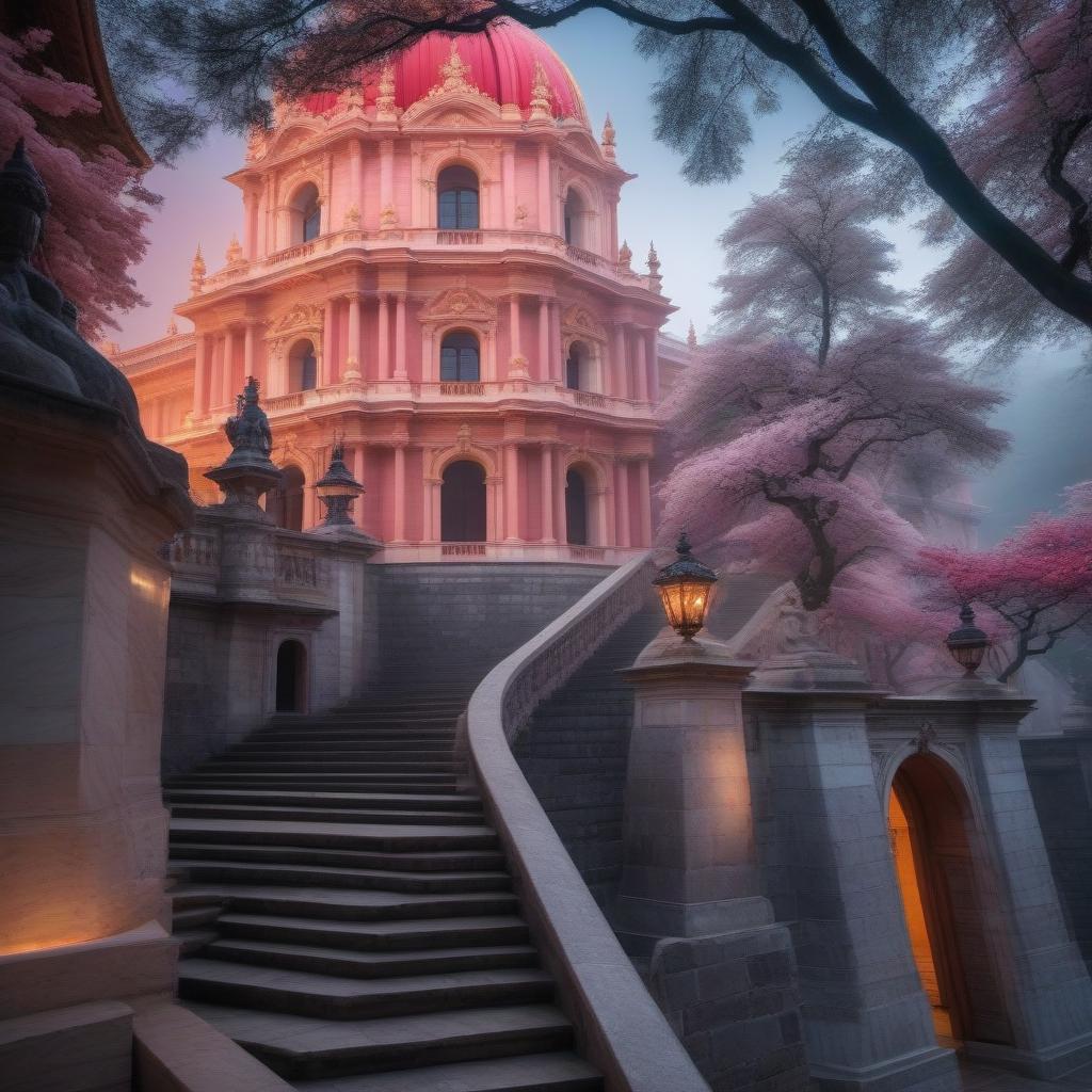  The royal palace is made of pink marble with red tiled roofs in the French style hyperrealistic, full body, detailed clothing, highly detailed, cinematic lighting, stunningly beautiful, intricate, sharp focus, f/1. 8, 85mm, (centered image composition), (professionally color graded), ((bright soft diffused light)), volumetric fog, trending on instagram, trending on tumblr, HDR 4K, 8K