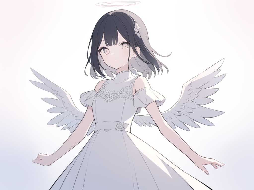  style: anime,delicate brushstrokes,soft colors,gentle shading,and thin outlines. emphasize detailed and expressive eyes. character: a girl with long,straight black hair and soft bangs,wearing an elegant white dress with frills and ribbons.features: angelic aura,with wings and a faint glowing halo above her head. mood: serene and slightlymelancholic expression,soft lighting for a peaceful atmosphere