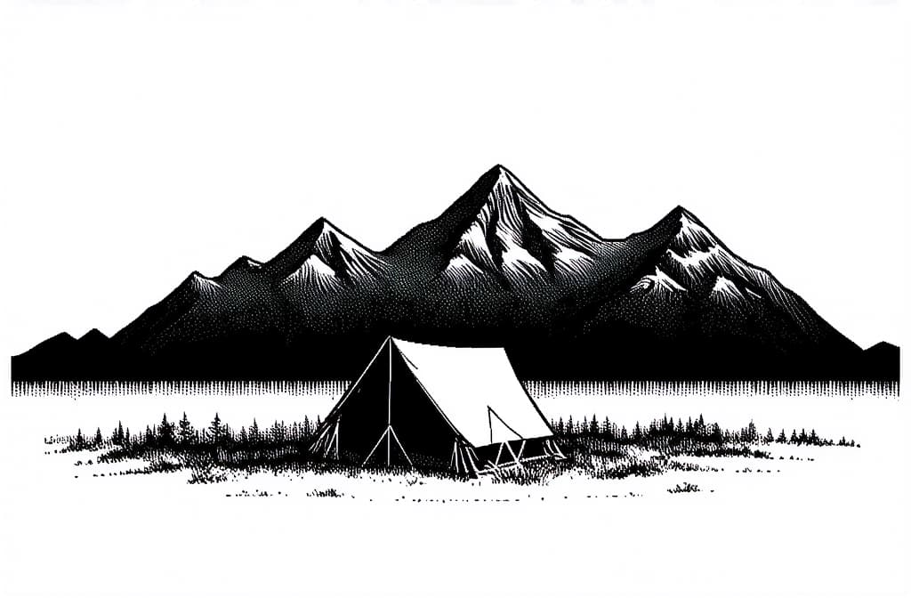  contour, very simple image in one unbroken black ink line, single line of camping tent, mountain peaks in background, engraving illustration ar 3:2 using a single continuous black line ink brushon white background, drawing should be created without lifting the pen, recognizable features of camping tent, mountain peaks in background, engraving illustration ar 3:2 in one unbroken line