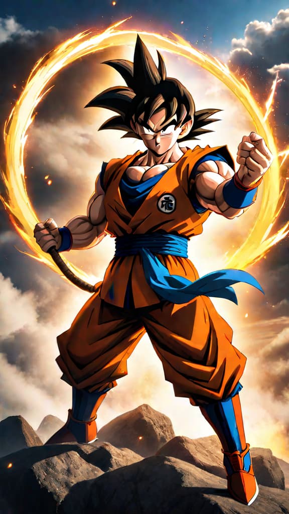  anime art: goku's full power, capable of destroying earth, restrained by his kind heart. hyperrealistic, full body, detailed clothing, highly detailed, cinematic lighting, stunningly beautiful, intricate, sharp focus, f/1. 8, 85mm, (centered image composition), (professionally color graded), ((bright soft diffused light)), volumetric fog, trending on instagram, trending on tumblr, HDR 4K, 8K