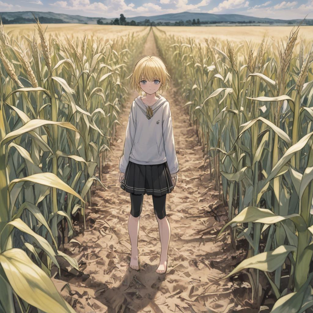  manga artwork , blonde hair, age 14, full body view, you can see and feet, , , skin, cloth, standing in corn field,. manga artist. manga, highly emotional. best quality, high resolution