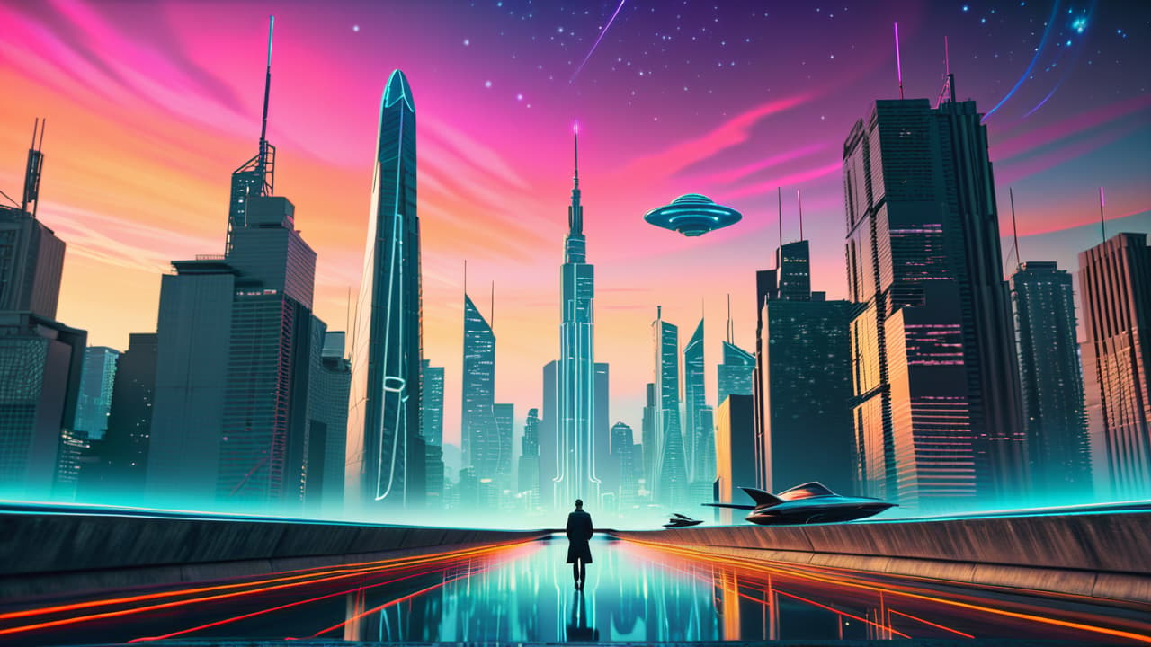  a futuristic city skyline under a starry night, featuring sleek spaceships soaring above, neon lights reflecting on metallic surfaces, and a lone figure gazing at the vast cosmos, evoking a sense of wonder and adventure. hyperrealistic, full body, detailed clothing, highly detailed, cinematic lighting, stunningly beautiful, intricate, sharp focus, f/1. 8, 85mm, (centered image composition), (professionally color graded), ((bright soft diffused light)), volumetric fog, trending on instagram, trending on tumblr, HDR 4K, 8K