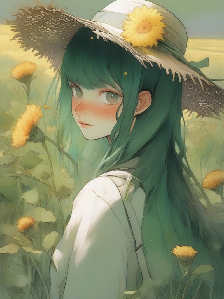  masterpiece,one slender man,green hair color,shorthair,expressionless,(((freckles))),straw hat,cladrastis sikokiana flower,high quality,16k