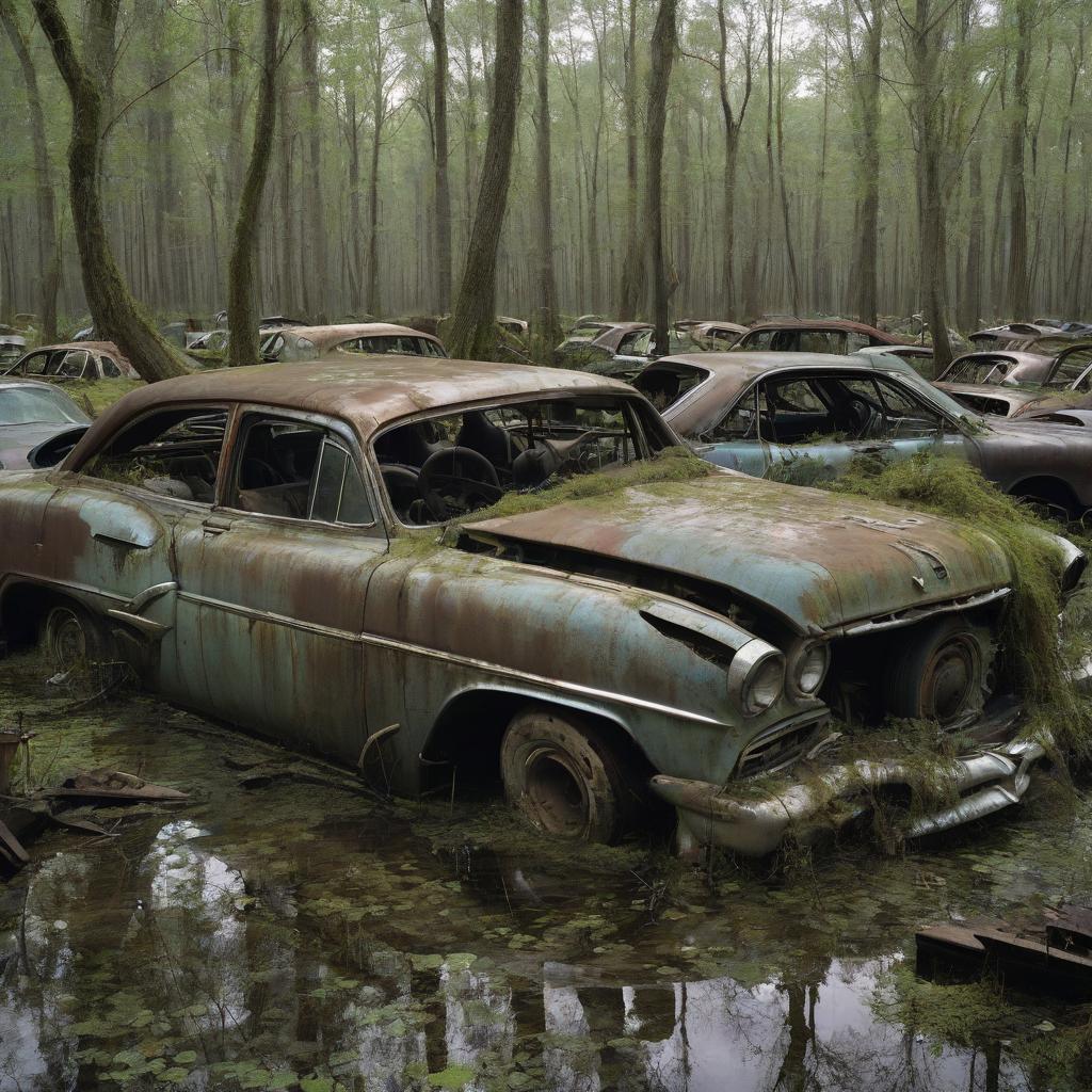  an automobile junkyard in a swamp.