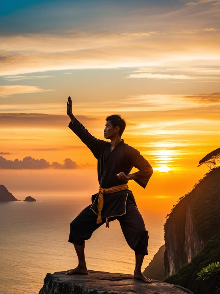  Close up of the silhouette of a man doing Thai Chi on a cliff overlooking the ocean with a sunrise in the background. RAW, realistic