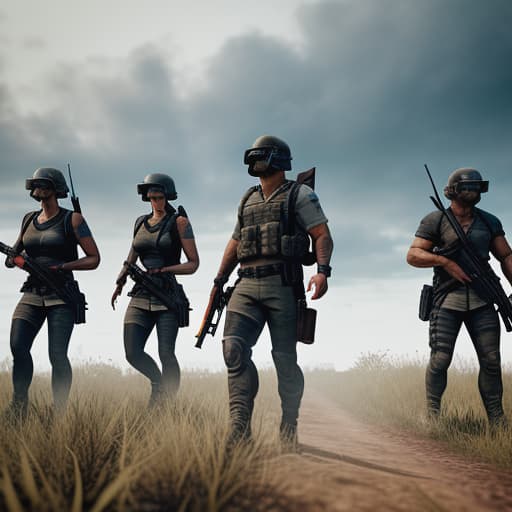  Full squad rushing on 1 player in pubg Apply the Following Styles Comic hyperrealistic, full body, detailed clothing, highly detailed, cinematic lighting, stunningly beautiful, intricate, sharp focus, f/1. 8, 85mm, (centered image composition), (professionally color graded), ((bright soft diffused light)), volumetric fog, trending on instagram, trending on tumblr, HDR 4K, 8K