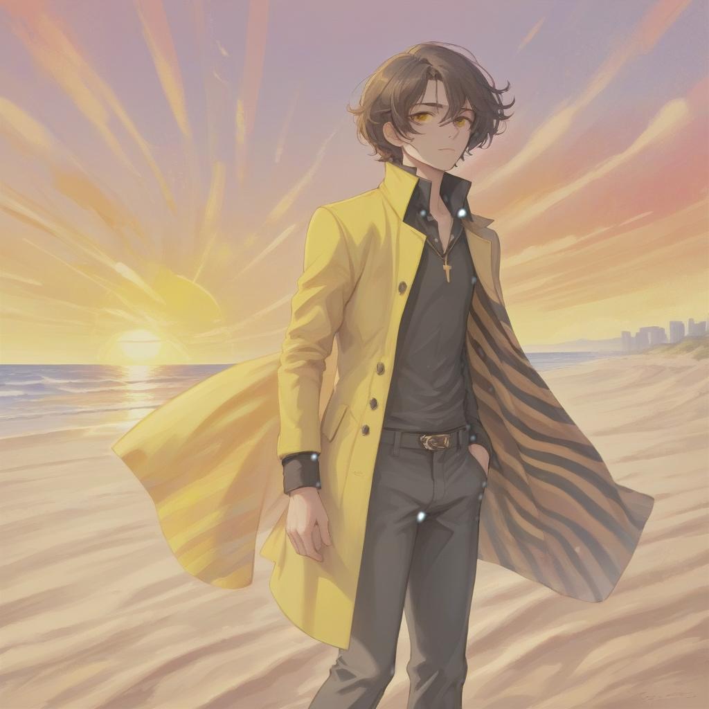  psychedelic style a young man stands on a beach where the soft sand extends to the horizon. he has long dark brown hair, which flies slightly in the breeze. his face, with pronounced jewish and slavic features, radiates lively energy. brown eyes are full of deep emotions, as if reflecting the vast expanses of the ocean. he wears a bright yellow coat that seems to shine, catching the eye and contrasting with the soft shades of the sunset. under his coat he wears a black shirt and black pants are decorated with yellow elements, creating a stylish and dynamic look. the sunset blooms in the sky, turning the surrounding space into a magical spectacle. the bright red rays of the sun fall on the terrain in stripes, highlighting the sandy shore and