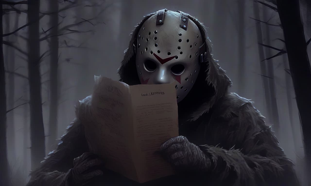  horror themed jason voorhees reads a love letter, but the background forest is in thick fog . eerie, unsettling, dark, spooky, suspenseful, grim, highly detailed