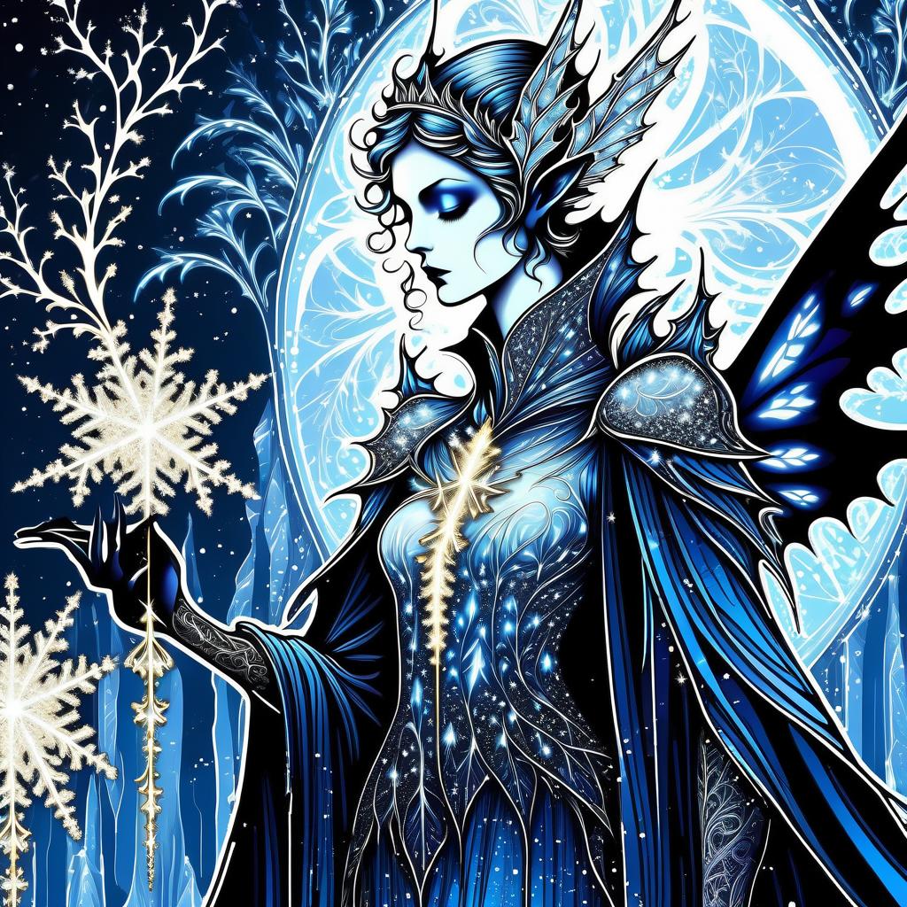  gothic style fine, fine fractal glitter bright ice line ink sketch on black background, (ice pixie silhouette:1.3), ice outline outline, snowflake outline, ice pixie with snow wings. (ice colour):pearl grey,grey white,pearl blue,snow white. . dark, mysterious, haunting, dramatic, ornate, detailed