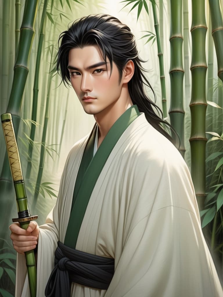  a handsome man from an ancient setting, dressed in a dark robe, with black hair tied up using a white jade hairpin. his face is cold and chiseled like jade, with sword like eyebrows and deep, piercing eyes that carry a sense of mystery and authority. he stands in a bamboo forest, with a gentle breeze stirring his robe. the background features lush green bamboo and a quiet ancient path, with sunlight filtering through the bamboo leaves, casting dappled shadows. the atmosphere is serene and full of traditional charm. dark robe, white jade hairpin, flowing black hair, cold and chiseled face, deep eyes, bamboo forest, ancient path, dappled sunlight, serene traditional ambiance.