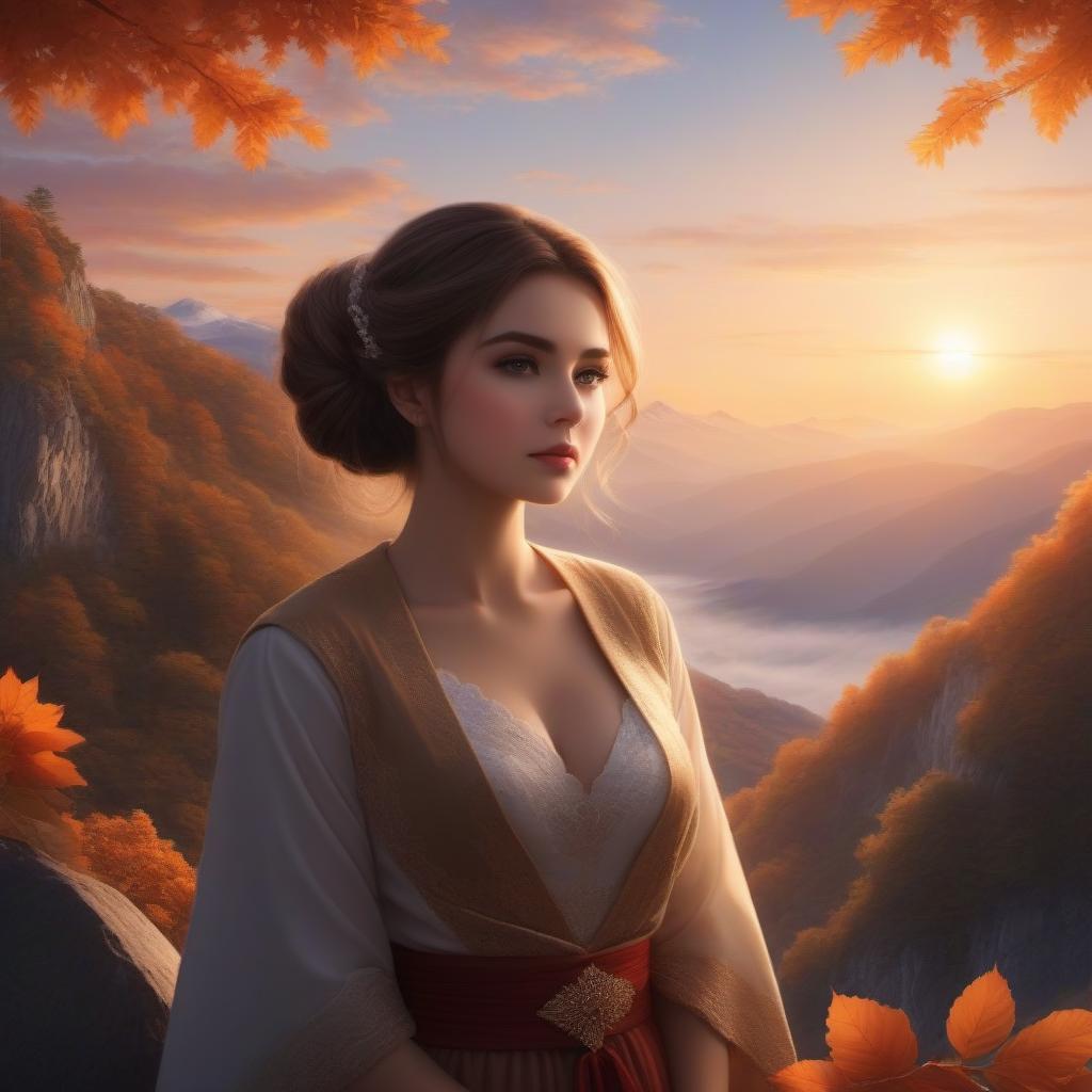  Draw a beautiful girl who meets the dawn on the mountain