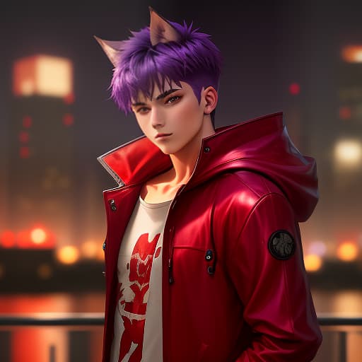  a young guy with purple hair with bangs, he is wearing a red raincoat with a red hood, purple fox ears on the hood, against the background of a night city