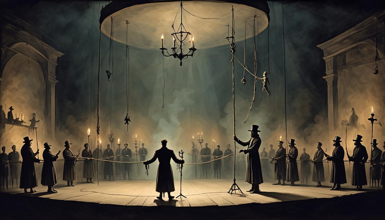  on parchment, surrealism+++, puppeteer holding strings above a shadowy stage, strings leading to empty space, ghostly figures in the background, dim candlelight illuminating the stage, eerie atmosphere, sense of manipulation and illusion(mysterious, provocative, symbolic,muted color)+++