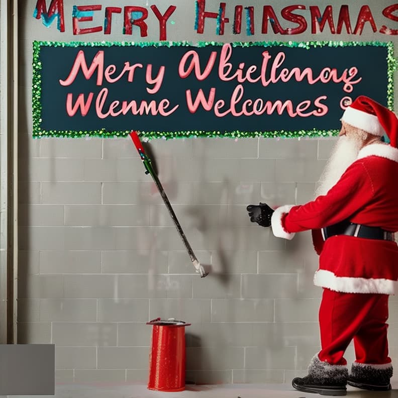  a man with a white beard mid to late 40s wearing a full santa suit painting the words on a long wall with a paint roller and an extension pole that says merry christmas friends and family welcome.