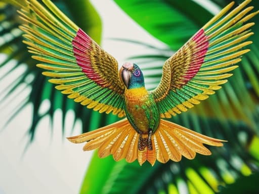  beautiful bird with gold and colorful skin perched on a tree, vibrant feathers, intricate patterns, majestic, detailed wings, sparkling, shining, exotic, tropical setting, lush green leaves in background