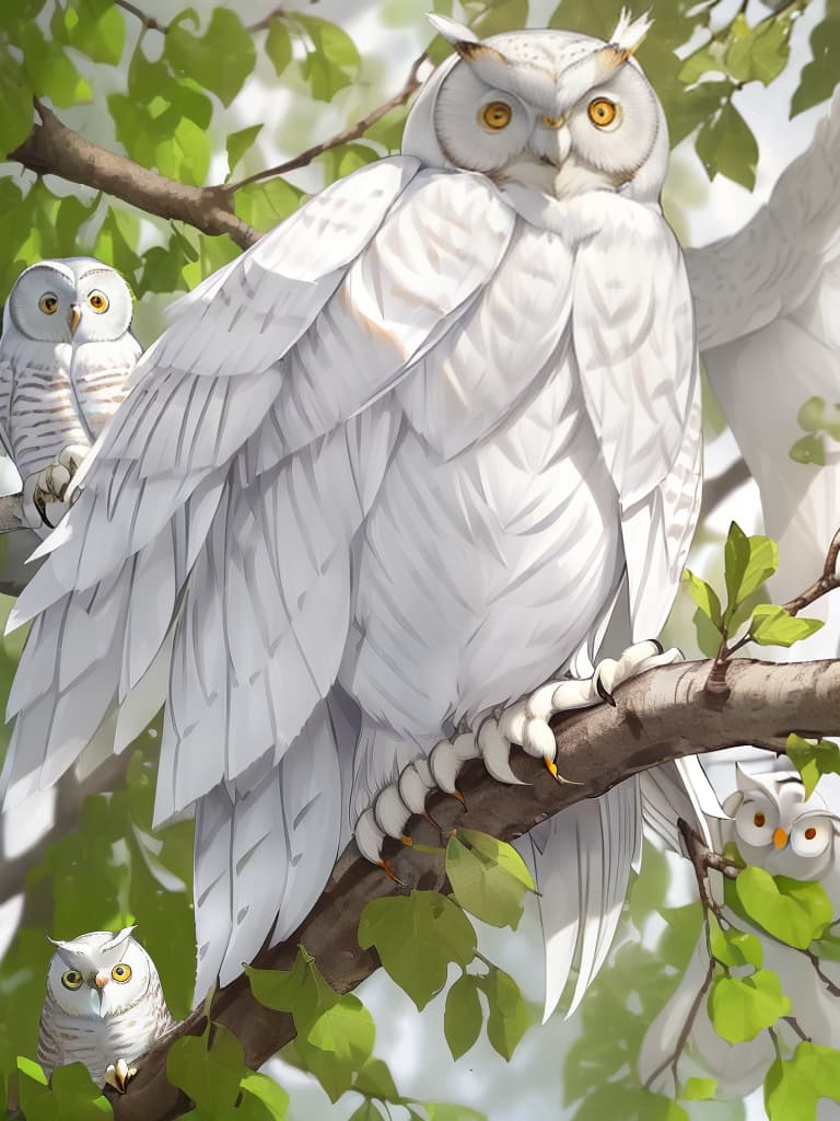  ((pure white owl:1.4,bubo scandiacus:1.4)),staying on a branch of a large tree,bubo scandiacus close up,blur effect: background,