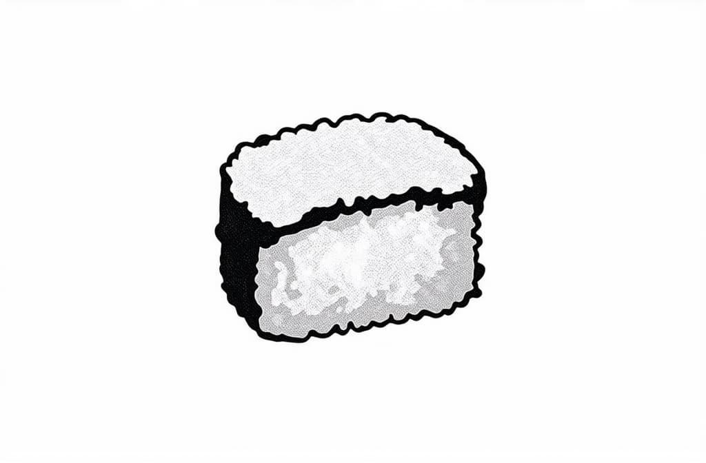  contour, very simple image in one unbroken black ink line, single line of sushi roll, engraving illustration, icon isolated on white background ar 3:2 using a single continuous black line ink brushon white background, drawing should be created without lifting the pen, recognizable features of sushi roll, engraving illustration, icon isolated on white background ar 3:2 in one unbroken line