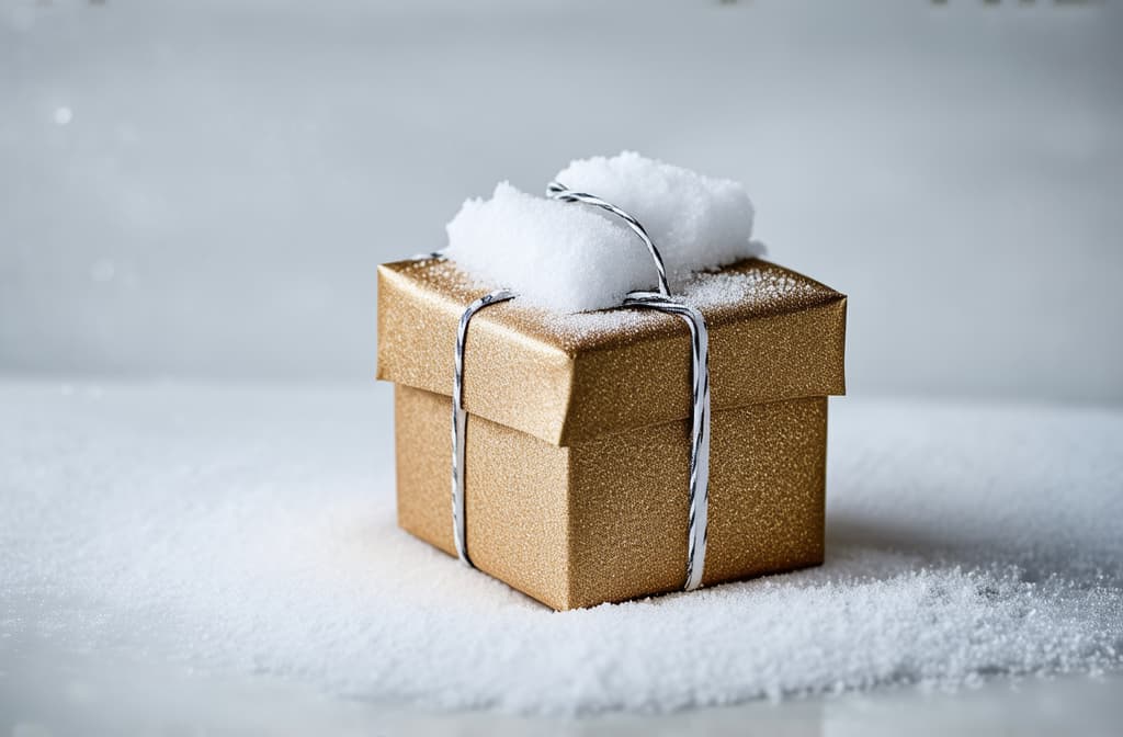  professional detailed photography, small christmas parcel with snow and copy space ar 3:2, (muted colors, dim colors, soothing tones), (vsco:0.3)