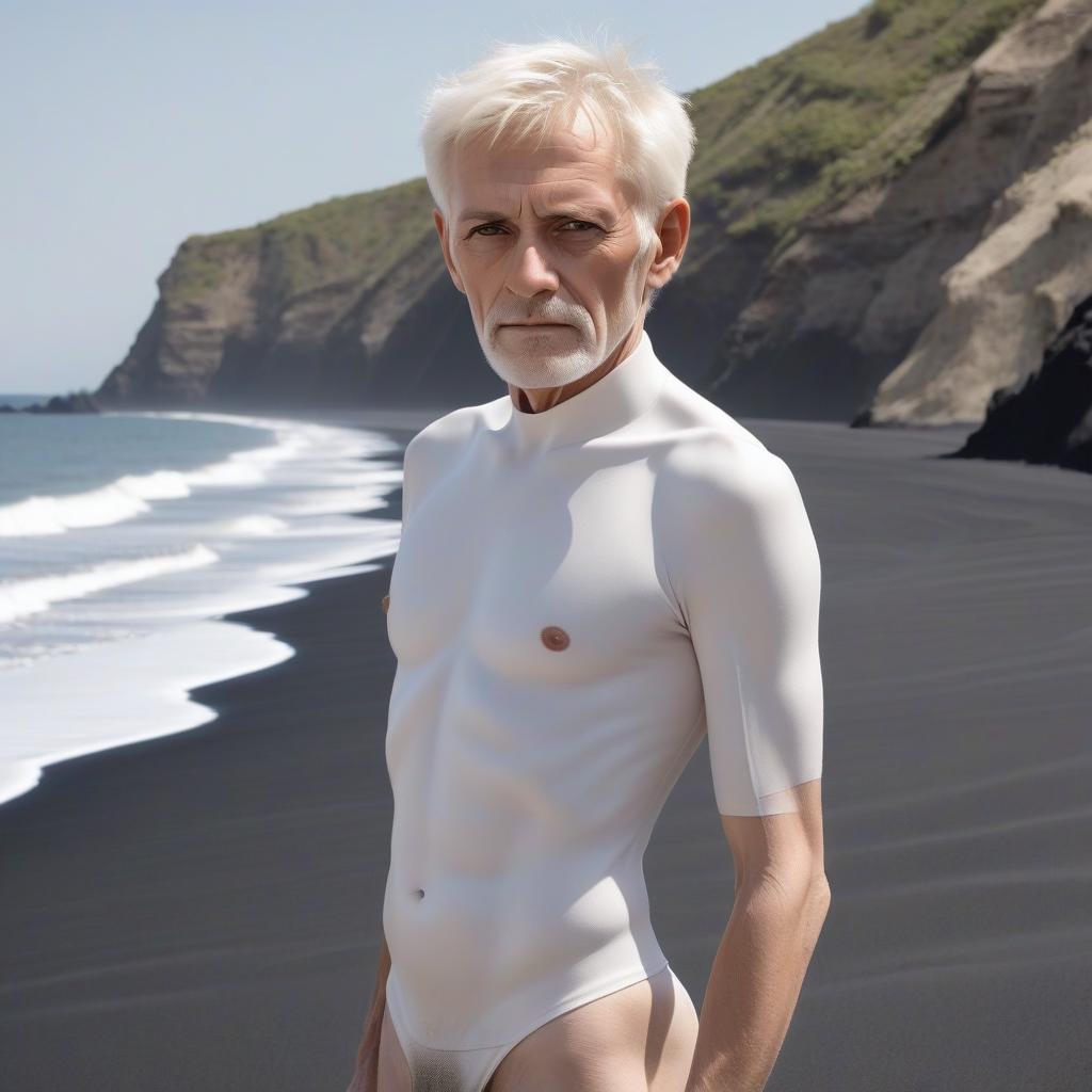  2 old man, tall, blond short hair, brown eyes, in white narrow s against the background of the coast with black sand, the body is open , before full growth