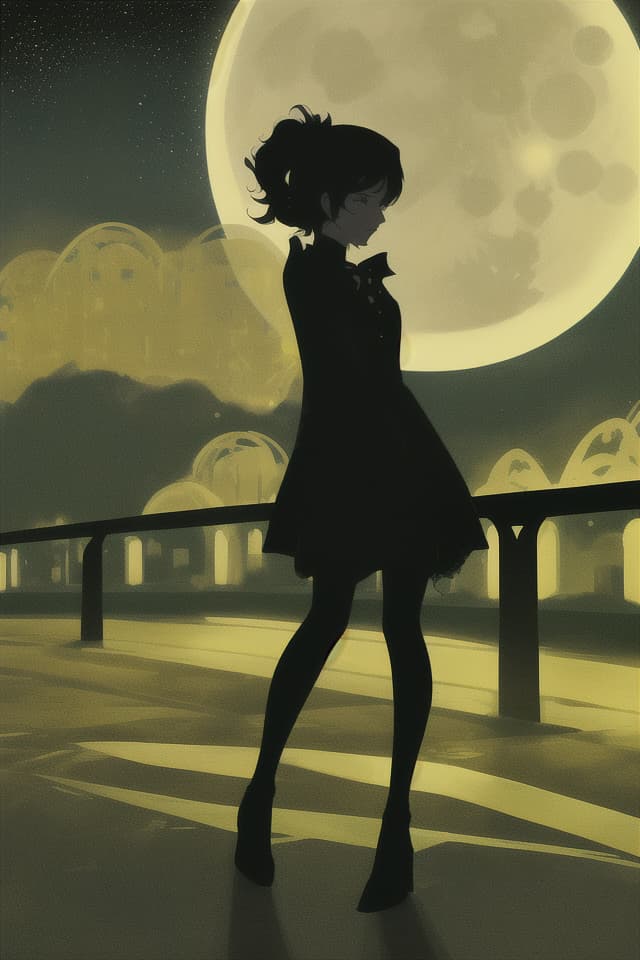  Women's silhouette: 1.4, in the park, hills, streets, sly, starry sky, full moon night, caught in handrails and see the moon