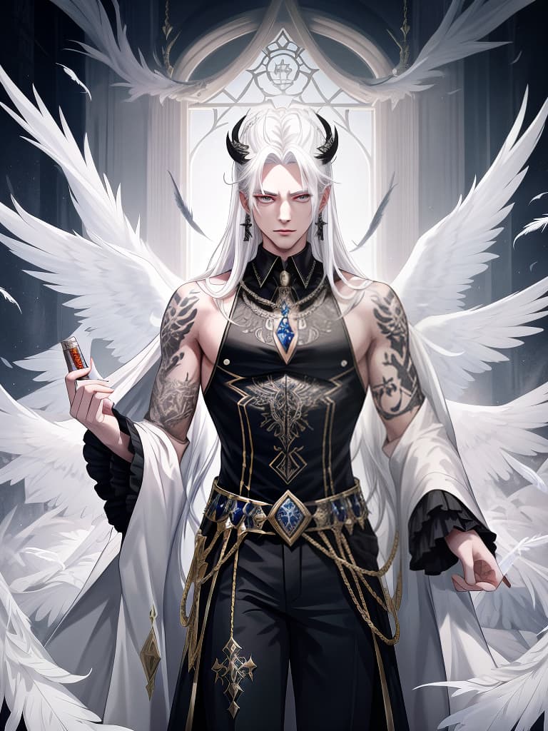  king of fallen, men, men, white hair, tattoo, tobacco, earrings, lucifer, lucifer, las boss character, feather dance, masterpiece, best quality,8k,ultra detailed,high resolution,an extremely delicate and beautiful,hyper detail