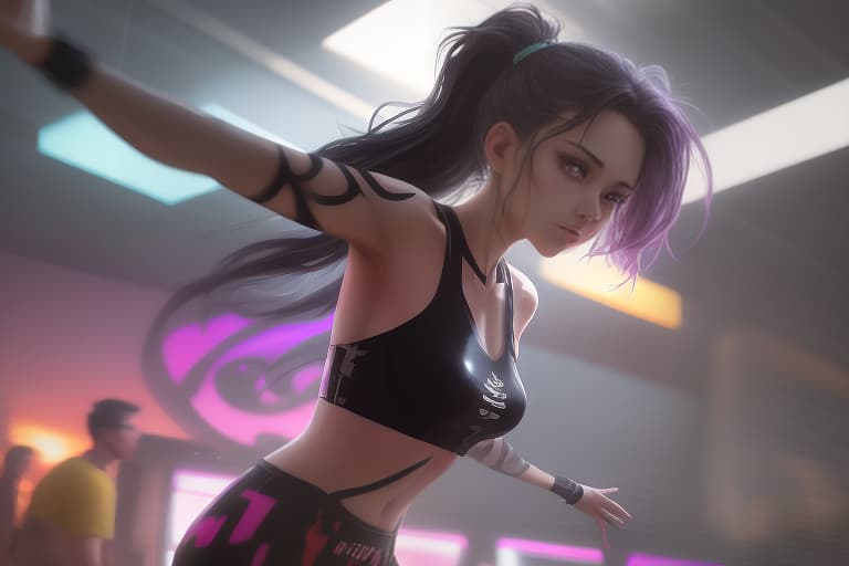  a climbing over a fence in a modern city during twilight, dressed in fashionable party clothes. her hair is styled in a trendy id or a sleek ponytail. in the background, neon signs and lights illuminate the way to a distant nightclub, where the beats of modern dance music can be felt. the scene is filled with energy, youth, and freedom. the style should resemble modern dance track covers: bright colors, high contrast shadows, and gradient effects to evoke a sense of motion and rhythm. sketch of a flat oil painting, watercolor, (extremely detailed oil painting:1.2), glow effects, godrays, hand drawn, render, 8k, octane render, cinema 4d, blender, dark, atmospheric 4k ultra detailed, cinematic sensual, sharp focus, humorous illu